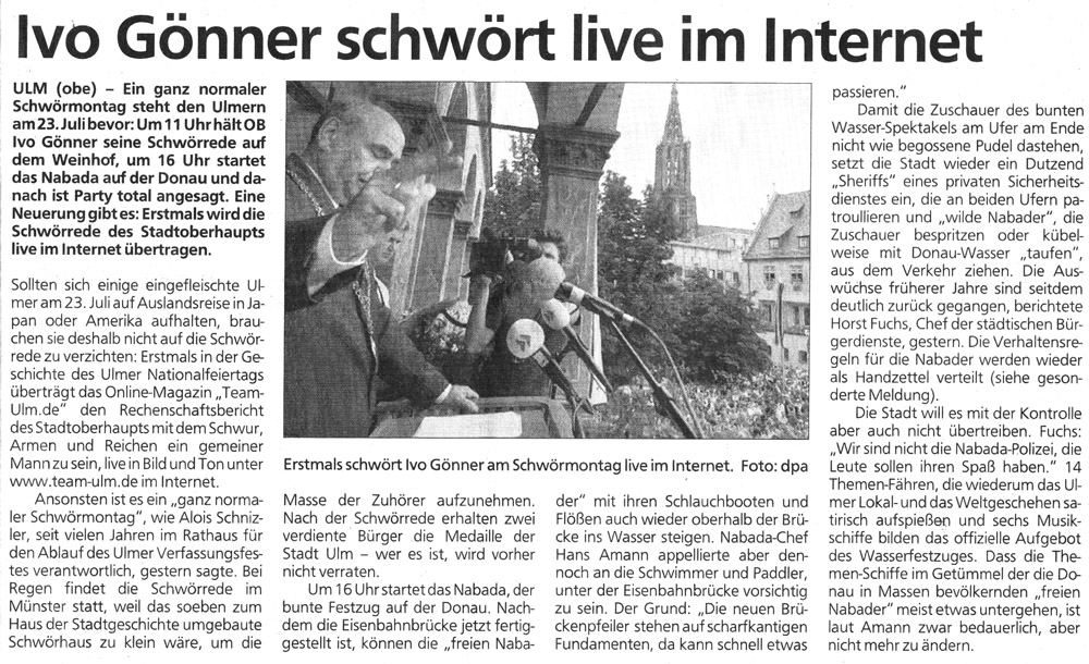 Ivo Gönner schwört live im Internet