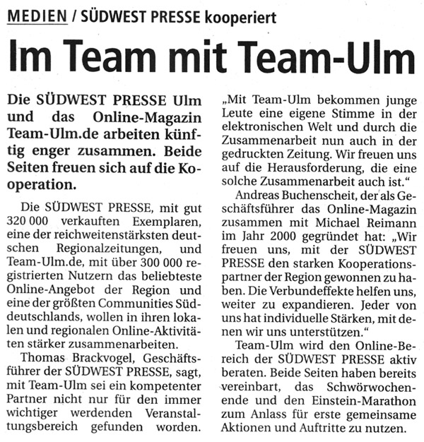 S&uuml;dwest Presse kooperiert mit Team Ulm